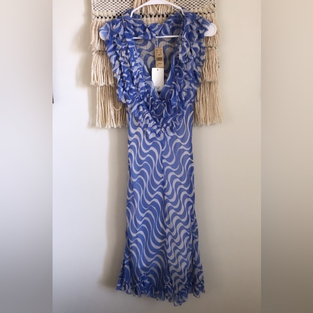 Nwt Paul Smith Blue Henri Bendel Runway 100% Silk Ruffle Dress Resort Travel